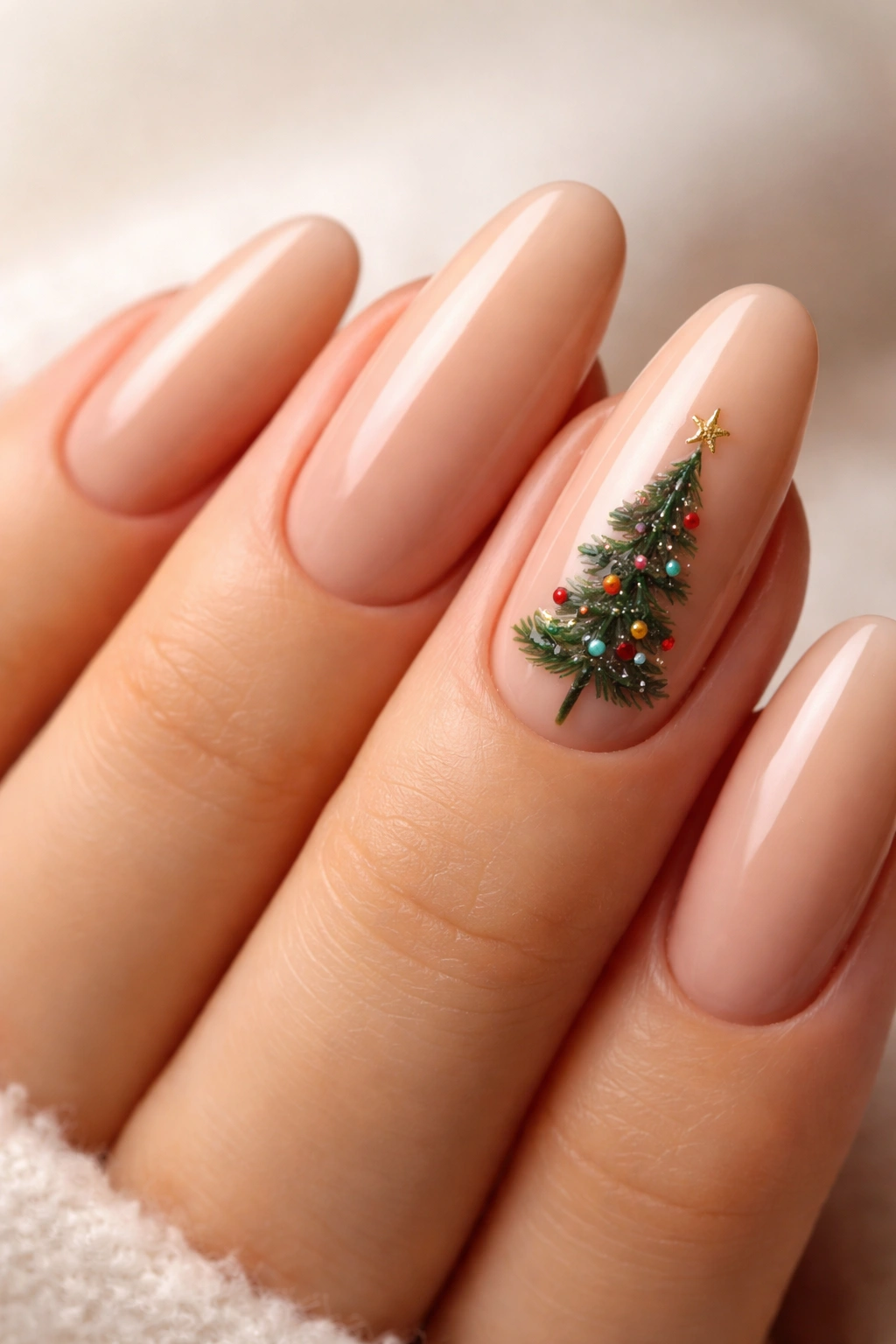 Close-up of nude-toned long oval nails with a Christmas tree silhouette accent nail