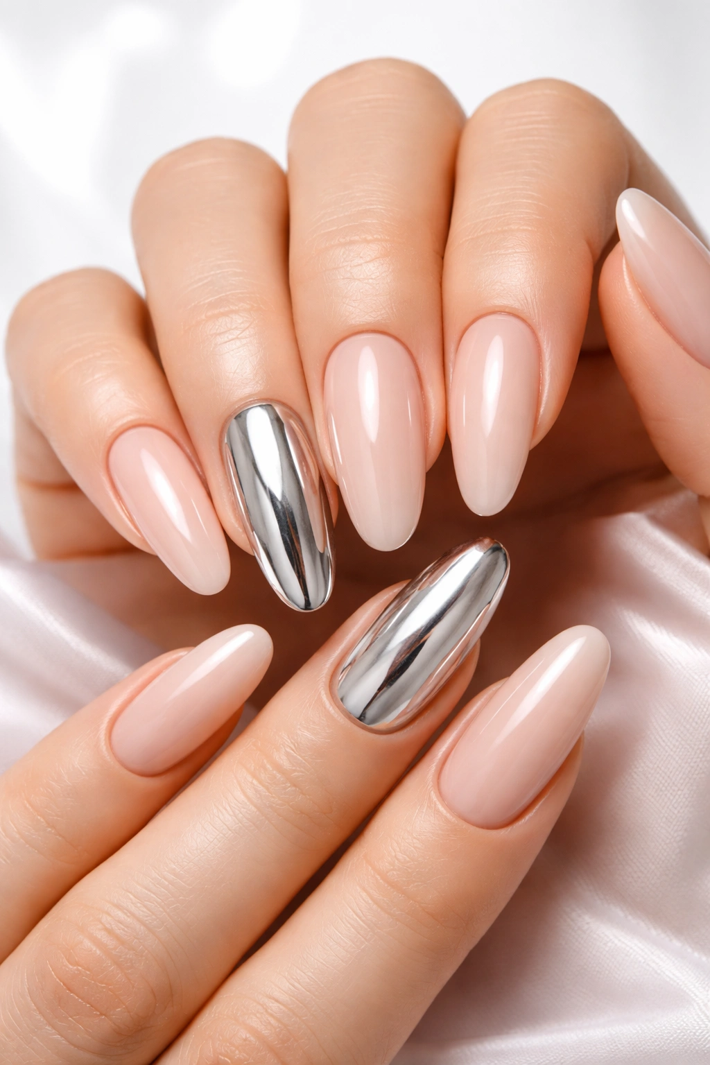 Nude nails with chrome mirror accent on one nail