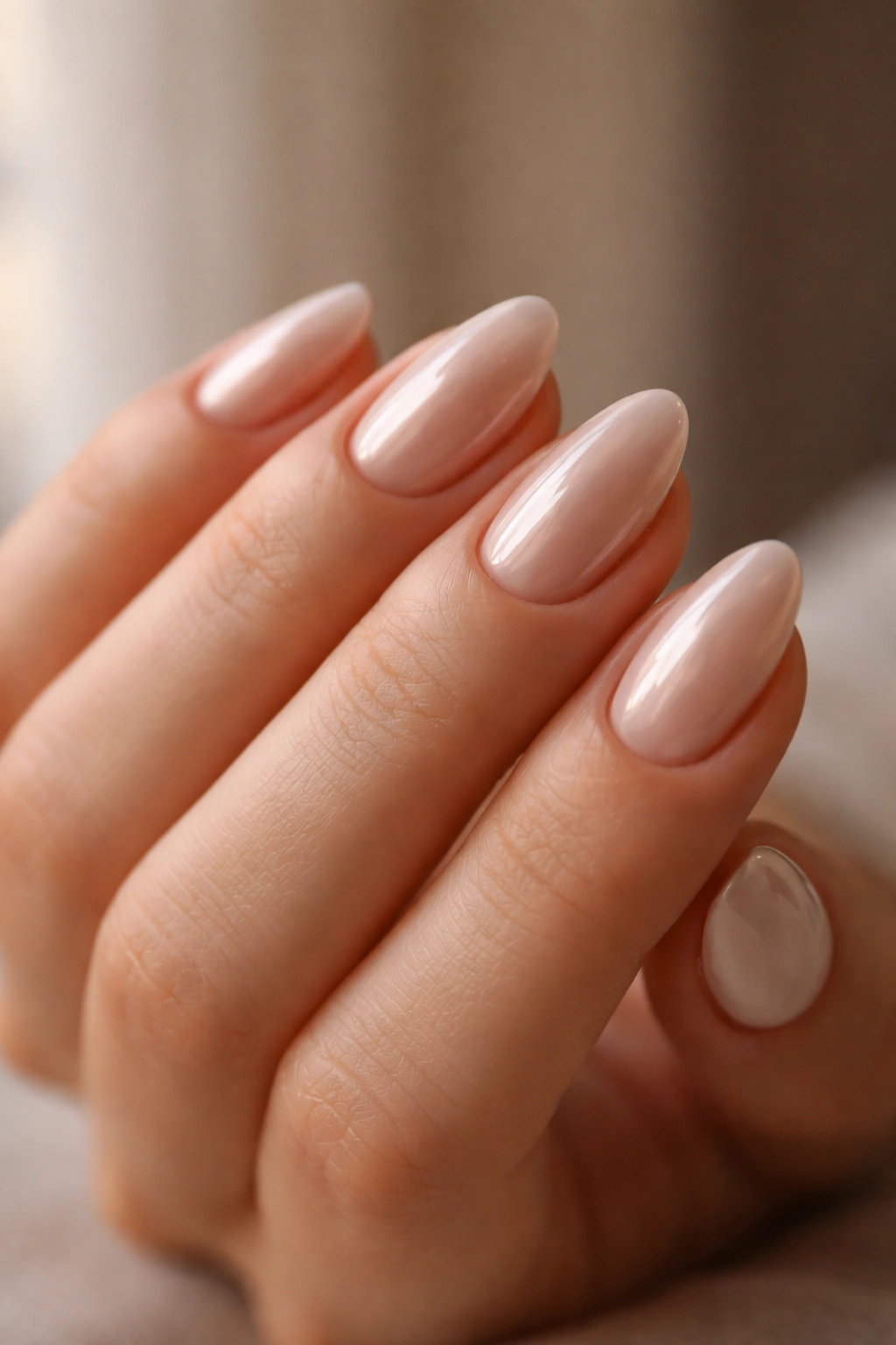 Close-up of nude short almond nails with a soft champagne chrome sheen