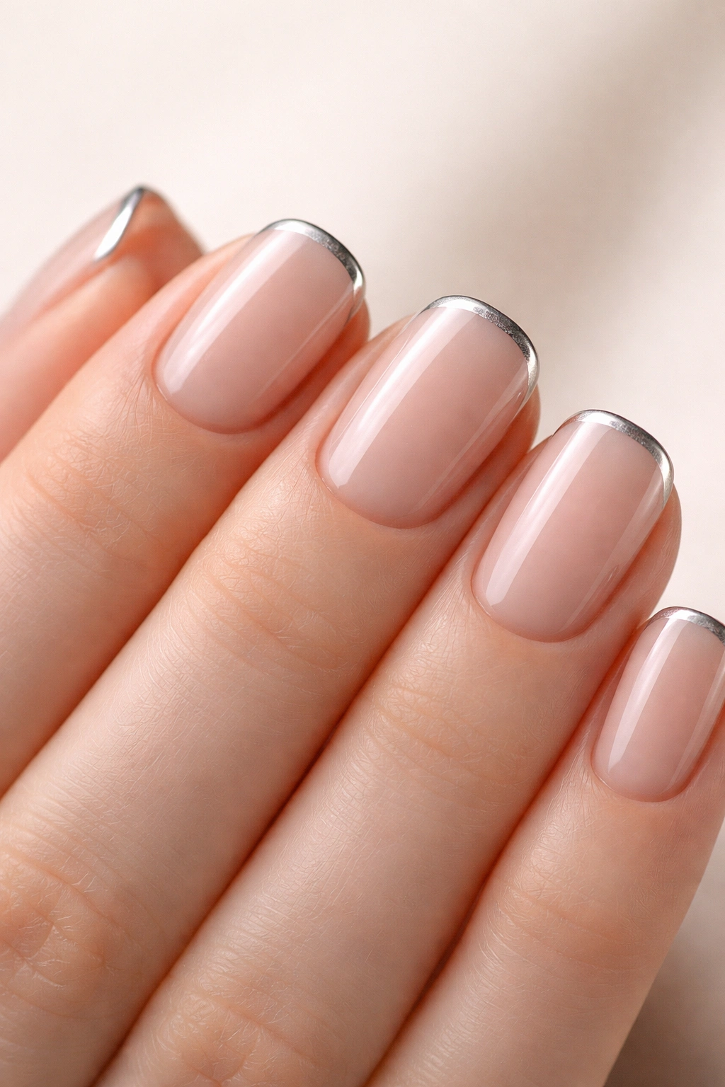 Nude nails with soft chrome tips on short squoval nails, studio lighting.
