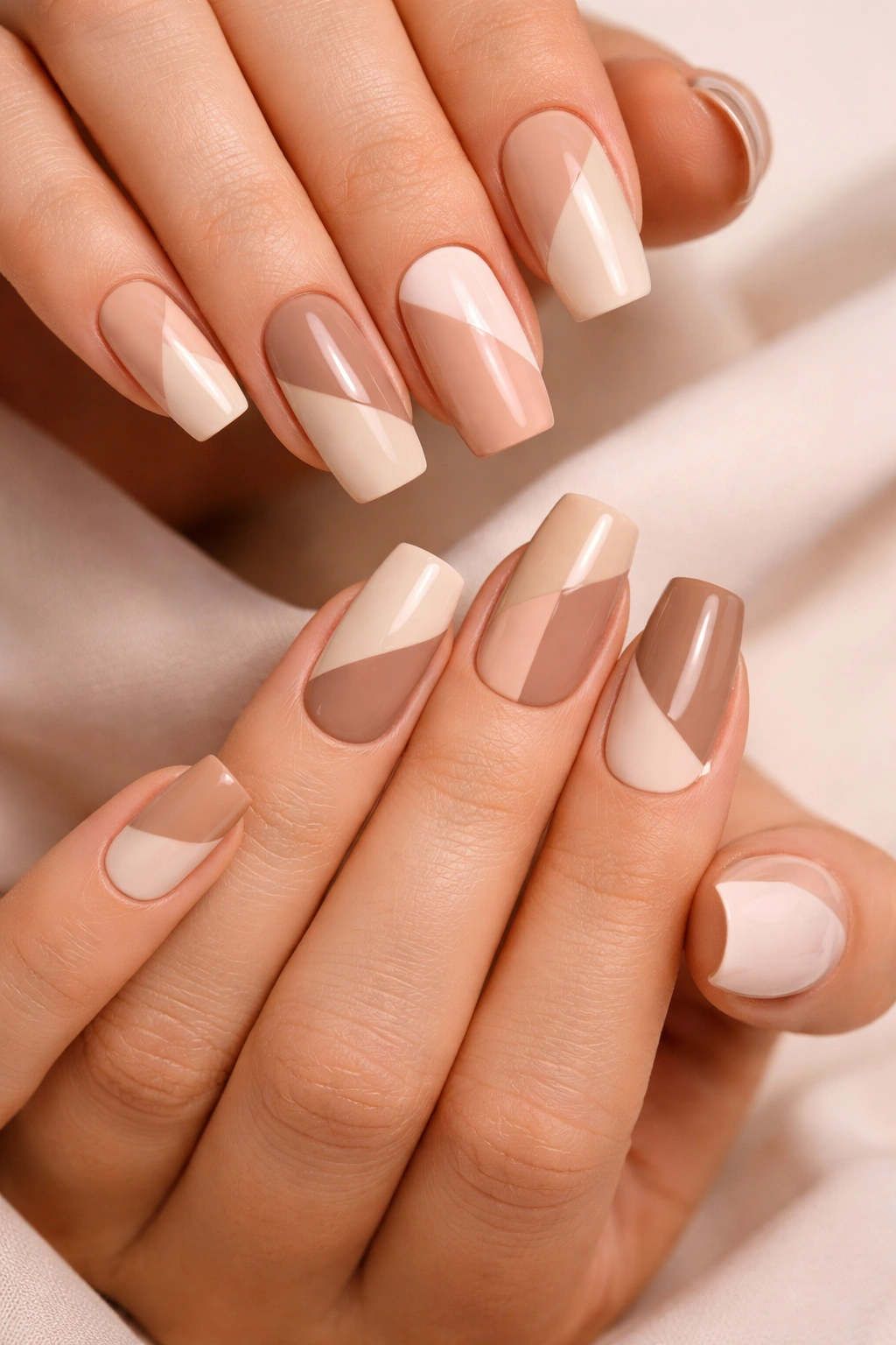 Close-up of nude color-blocked nails in geometric patterns.