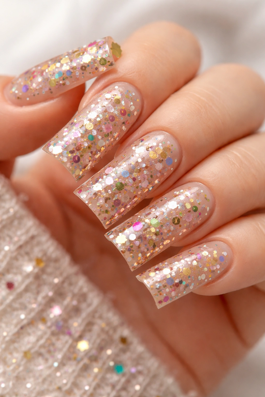 Duck nails with nude base and multicolored confetti glitter across the nail