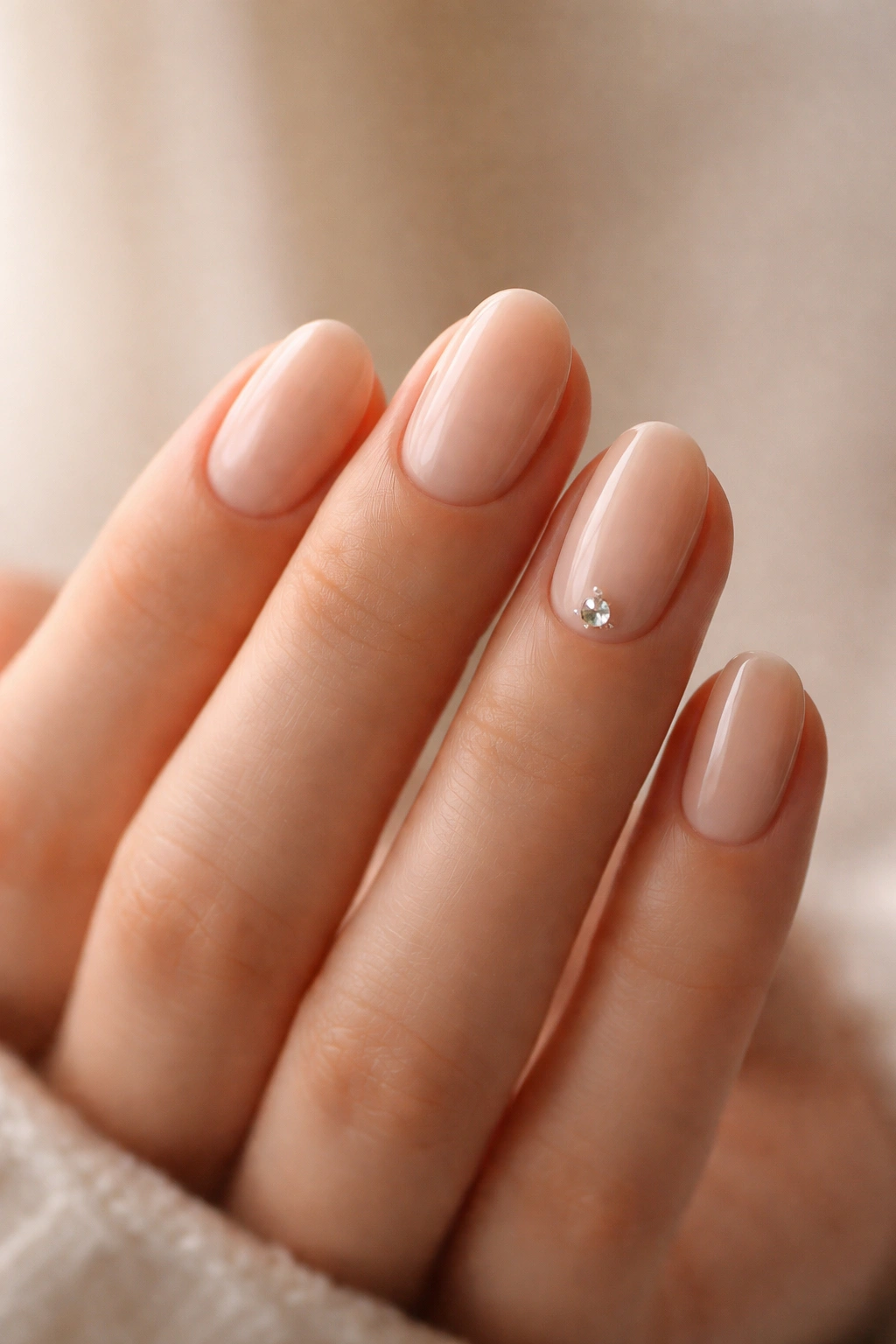 Close-up of short oval nude nails with a single crystal accent near the cuticle