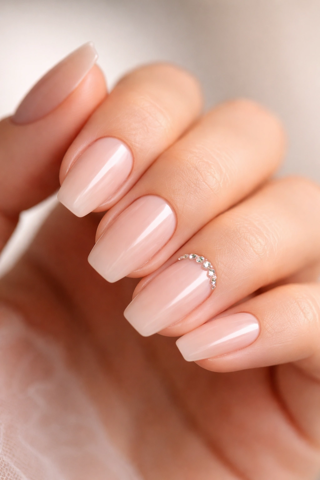 Close-up of nude ballerina nails with a crystal cuticle accent on one nail