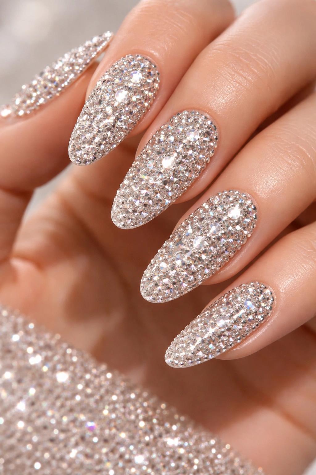 Nude base nails fully covered with crystals on a long oval shape.