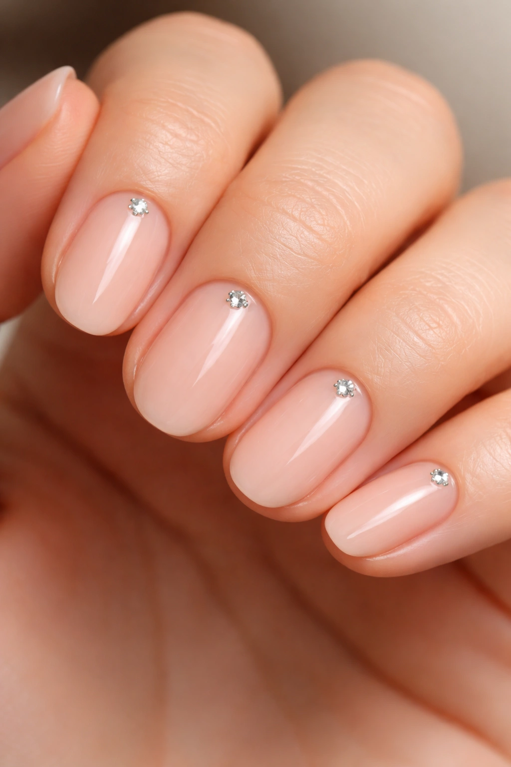Close-up of nude short oval nails with a single crystal near the cuticle on each nail.