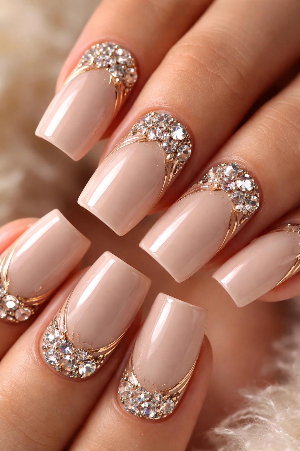 Crystal cluster on nude nails with gold accents