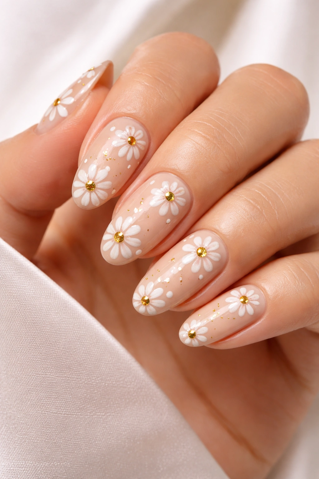 Close-up of nails with warm nude base, white daisies, and gold centers