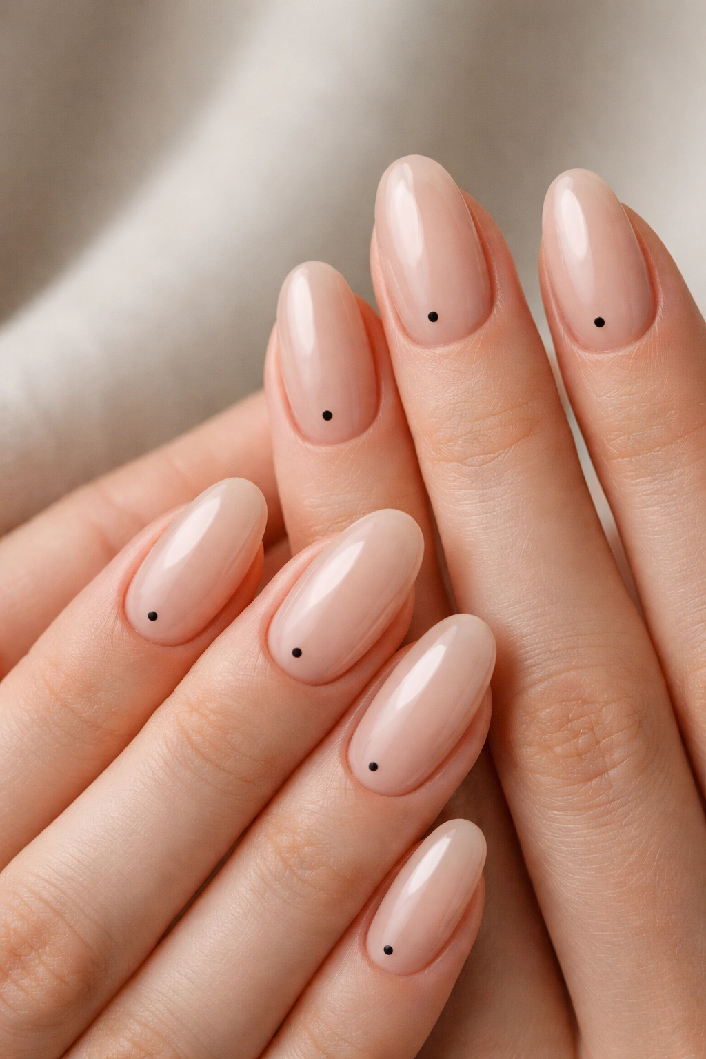 Close-up of long oval nails in nude with a single black dot near the cuticle