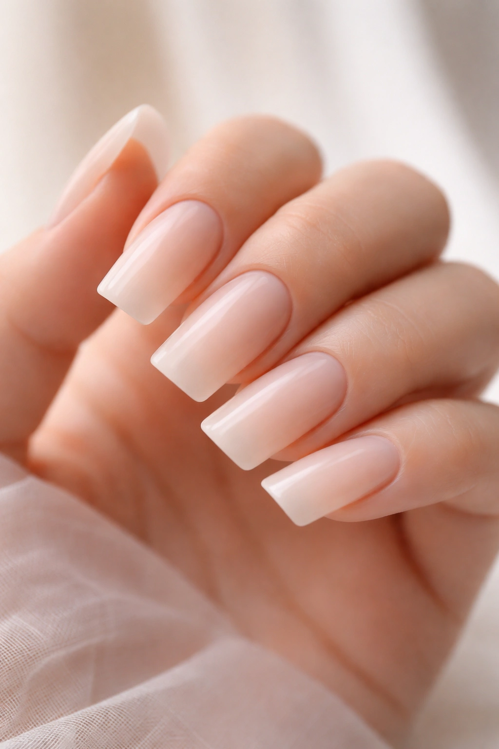Close-up of a duck nail in soft nude with gossamer matte finish.