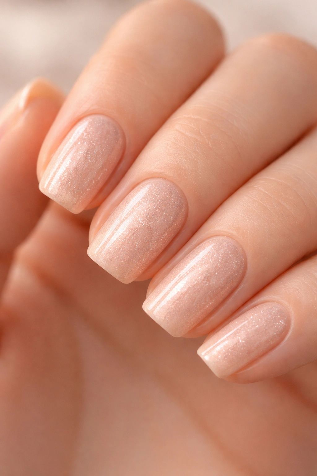 Close-up of nude squoval nails with shimmering dust finish