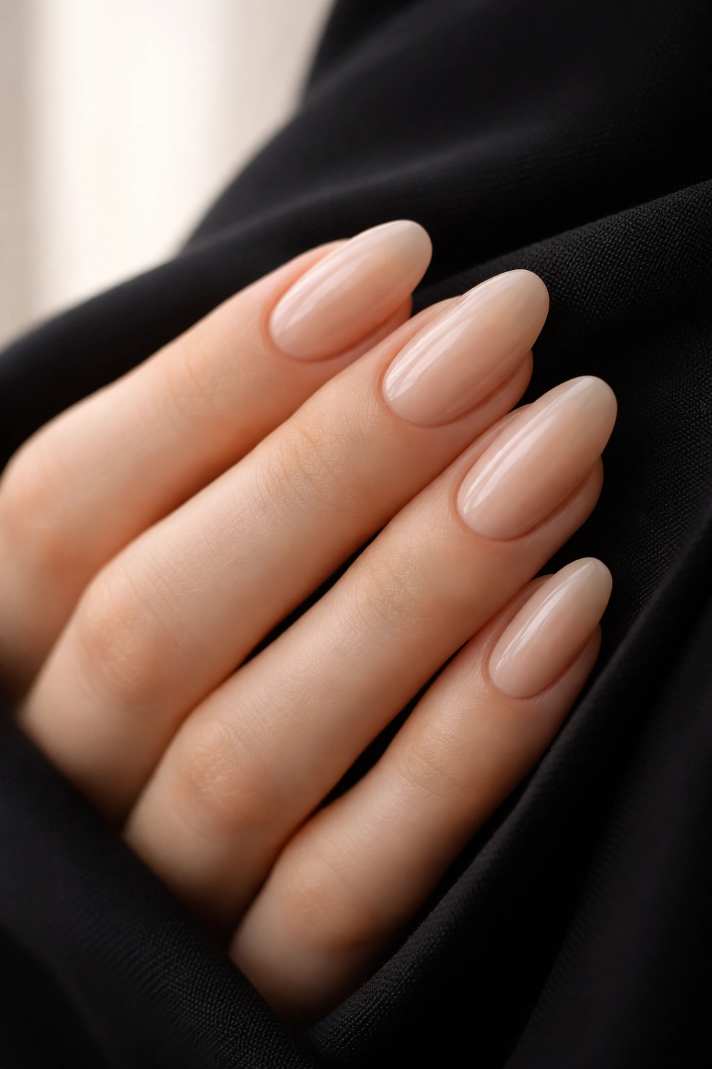 Close-up of nude nails on a hand with soft neutral background.