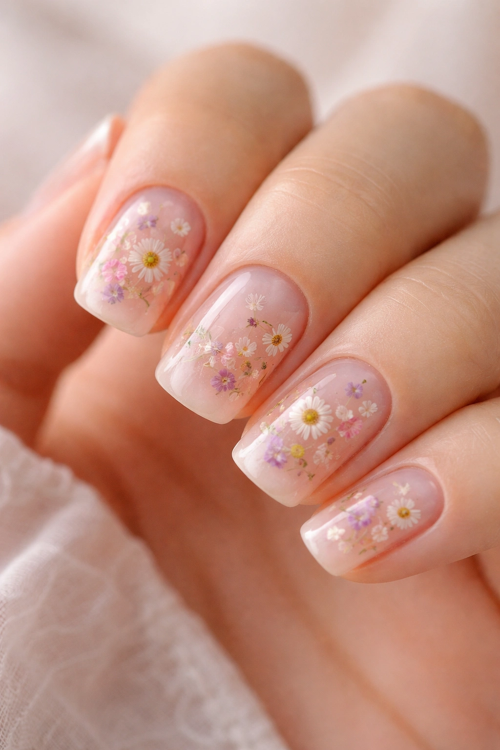 Close-up of short squoval nails with translucent nude base and embedded tiny flowers