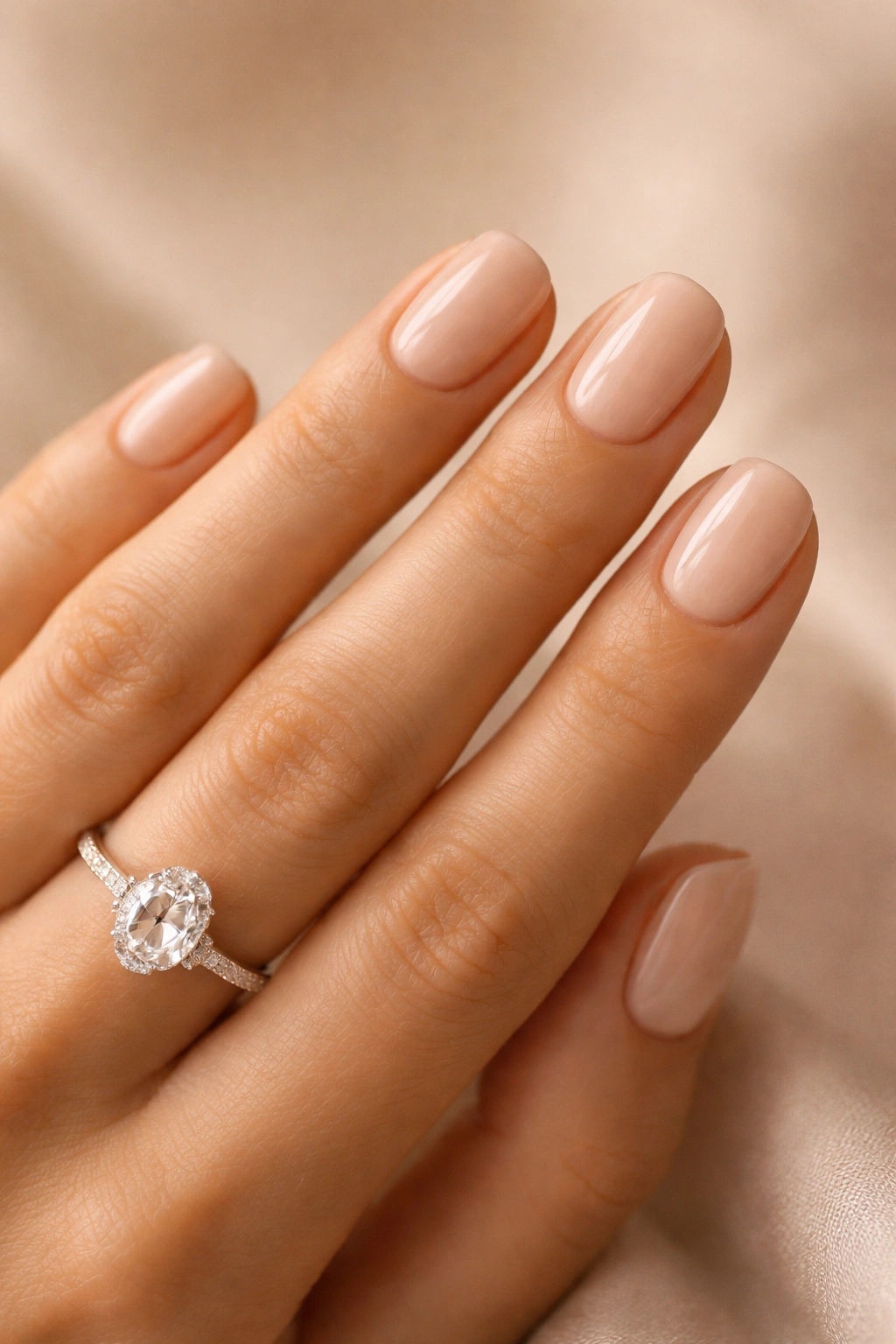 Close-up of hand with nude manicure on soft beige background