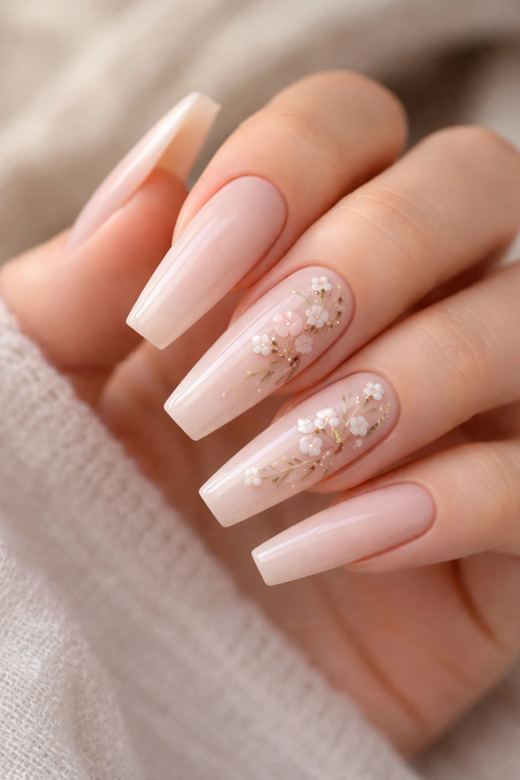 Close-up of coffin nails with nude base and delicate floral art