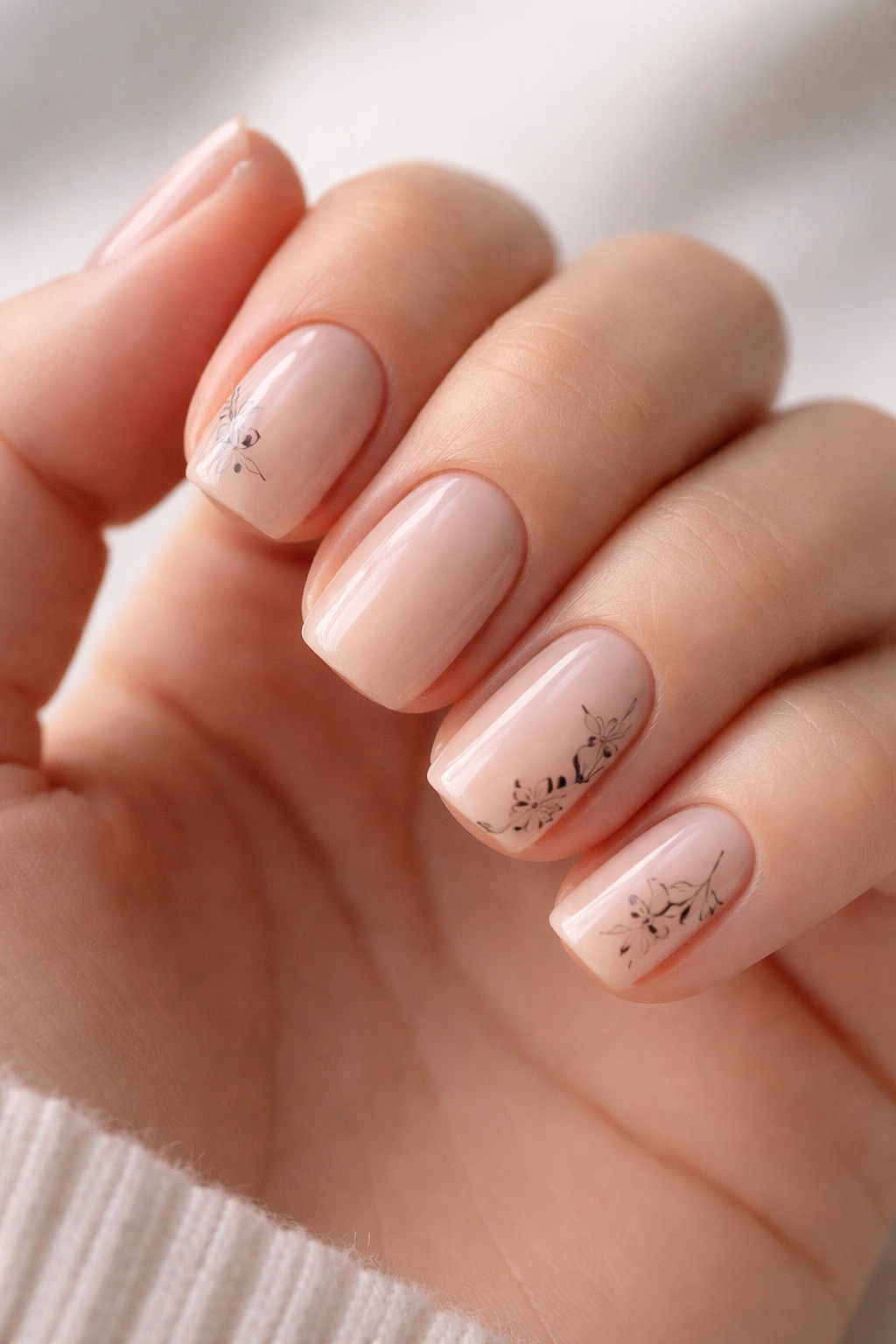 Short squoval nails with nude base and delicate floral line art.