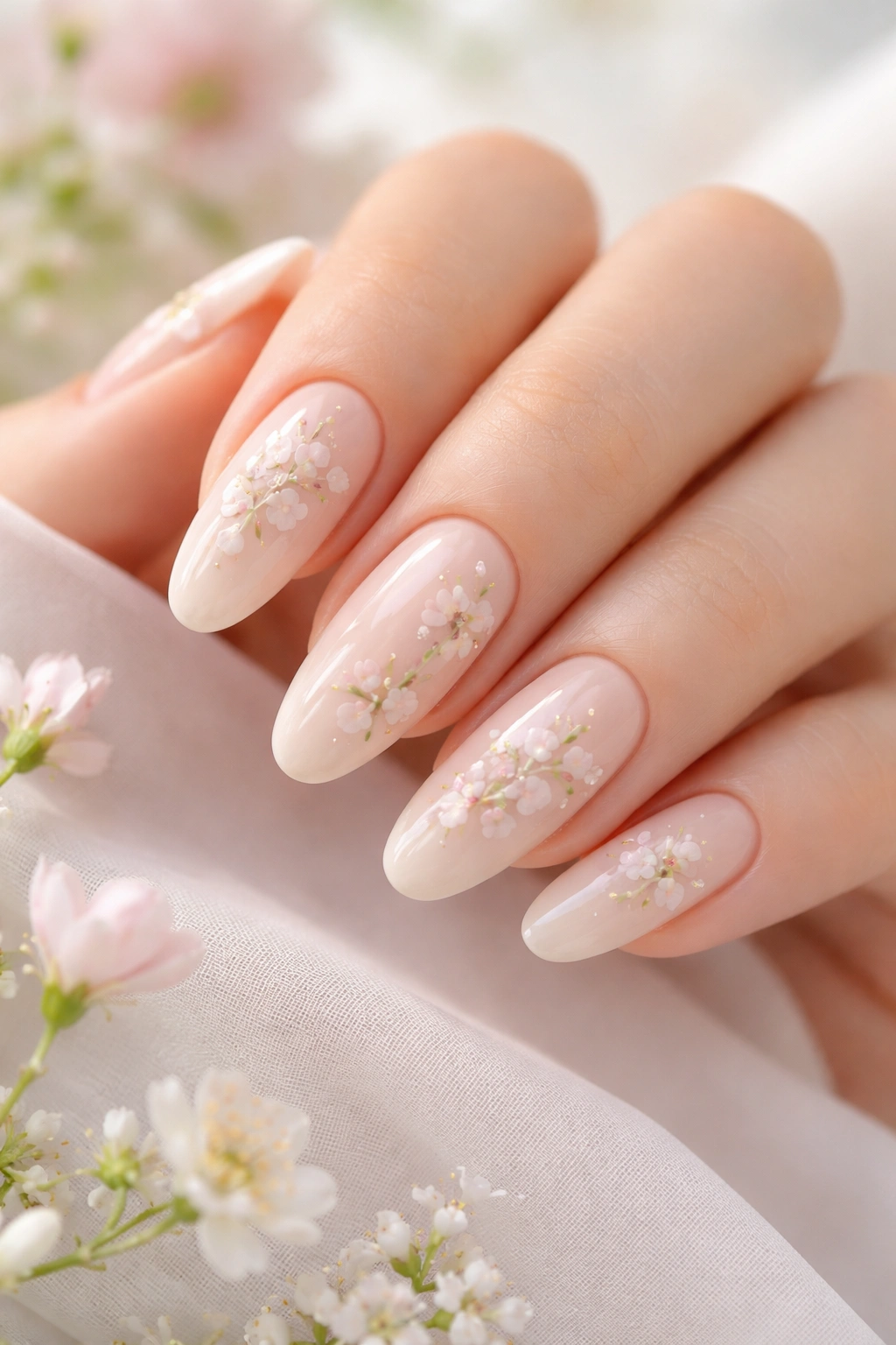Close-up of pale nude long oval nails with tiny floral designs