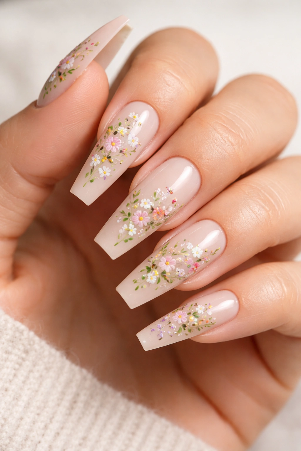 Close-up of coffin nails with nude base and tiny hand-painted florals