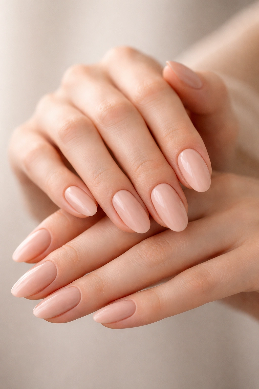 Close-up of hands showing nude manicure in soft pink-beige shade for a polished look