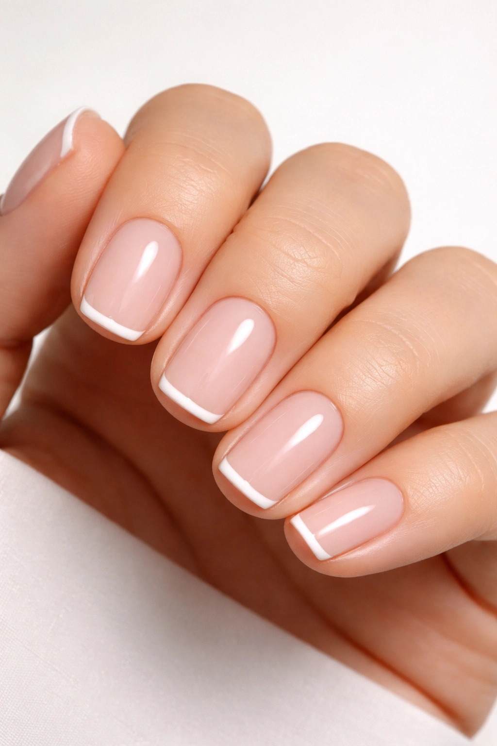Nude nails with a whisper-thin French tip on short squoval nails.