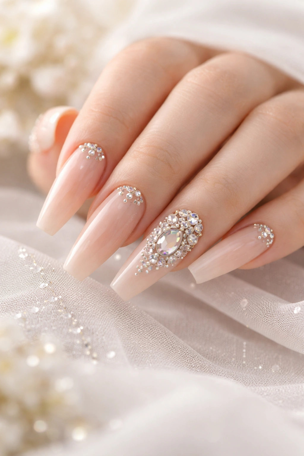 Close-up of nude coffin nails with gemstone accents
