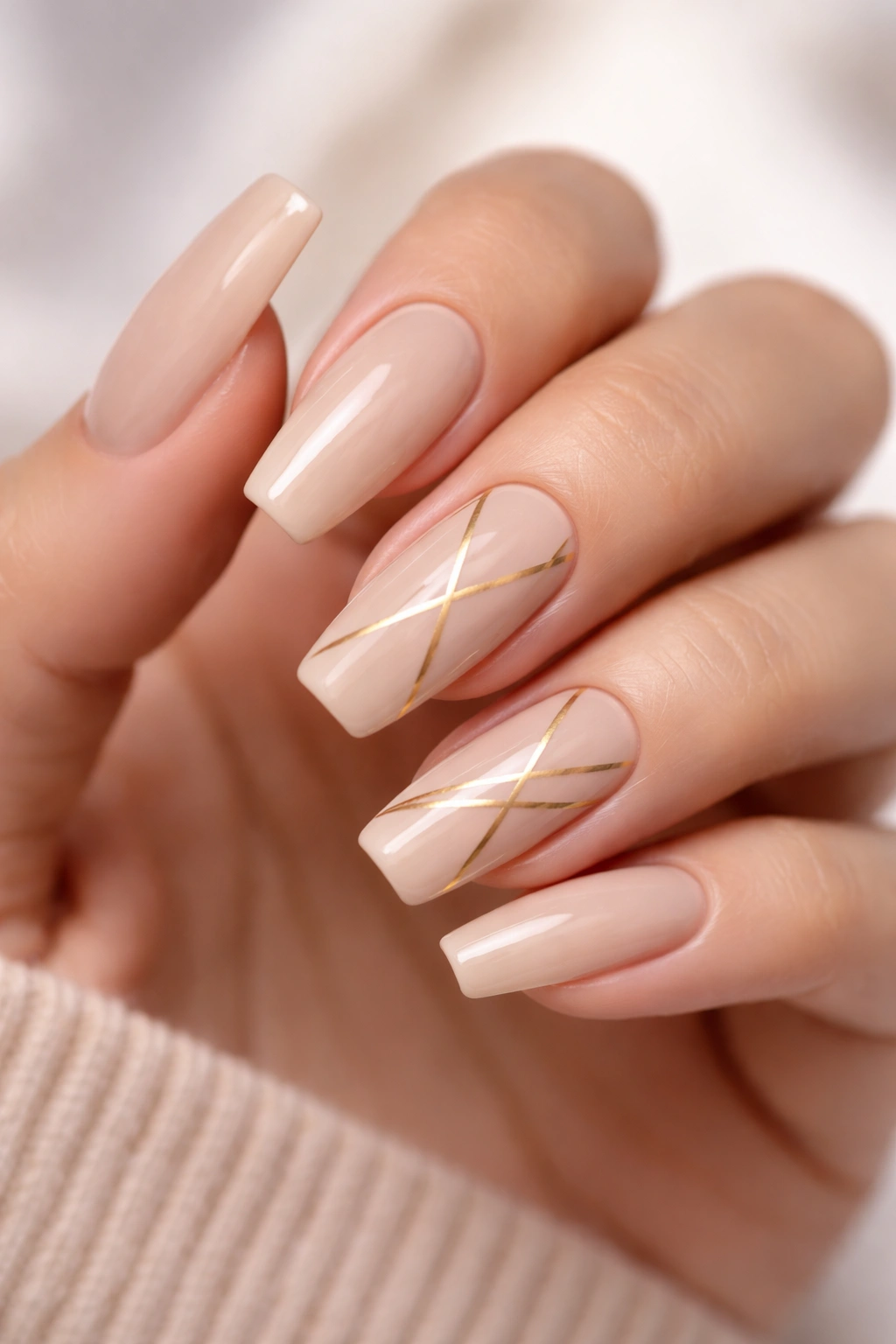 Close-up of nude coffin nails with gold geometric accents on accent nails