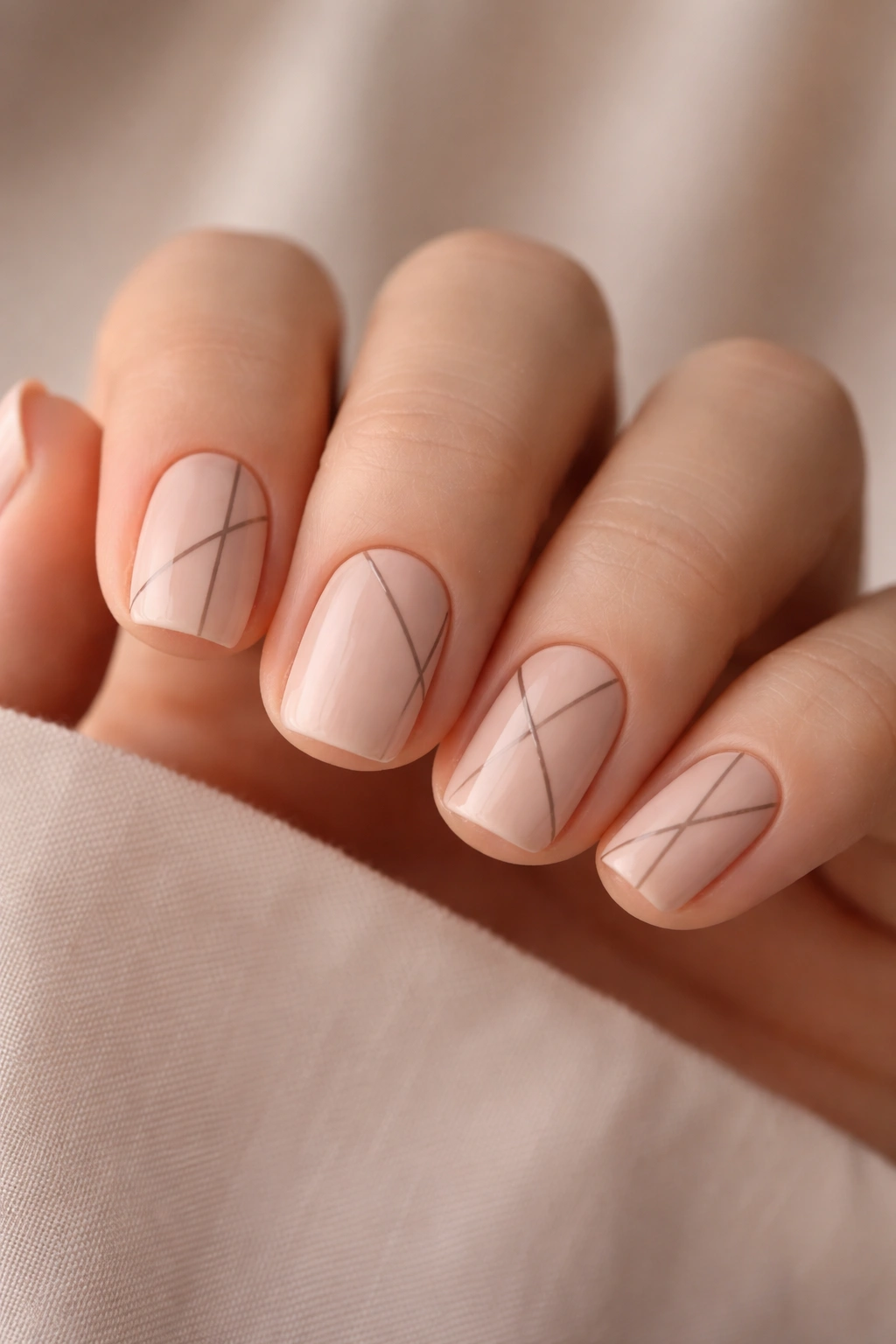 Close-up of nude base nails with geometric lines