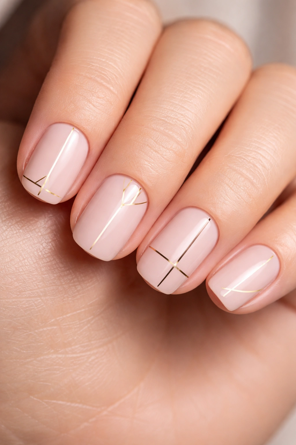 Close-up of nude short squoval nails with crisp geometric linework in white and black