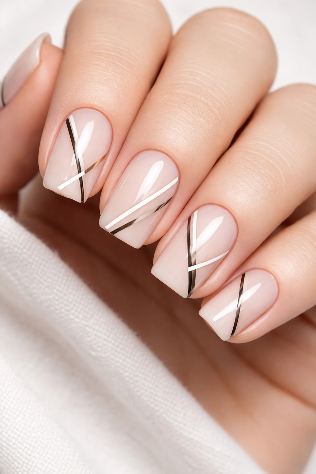 Close-up of light nude nails with geometric lines on short squoval nails