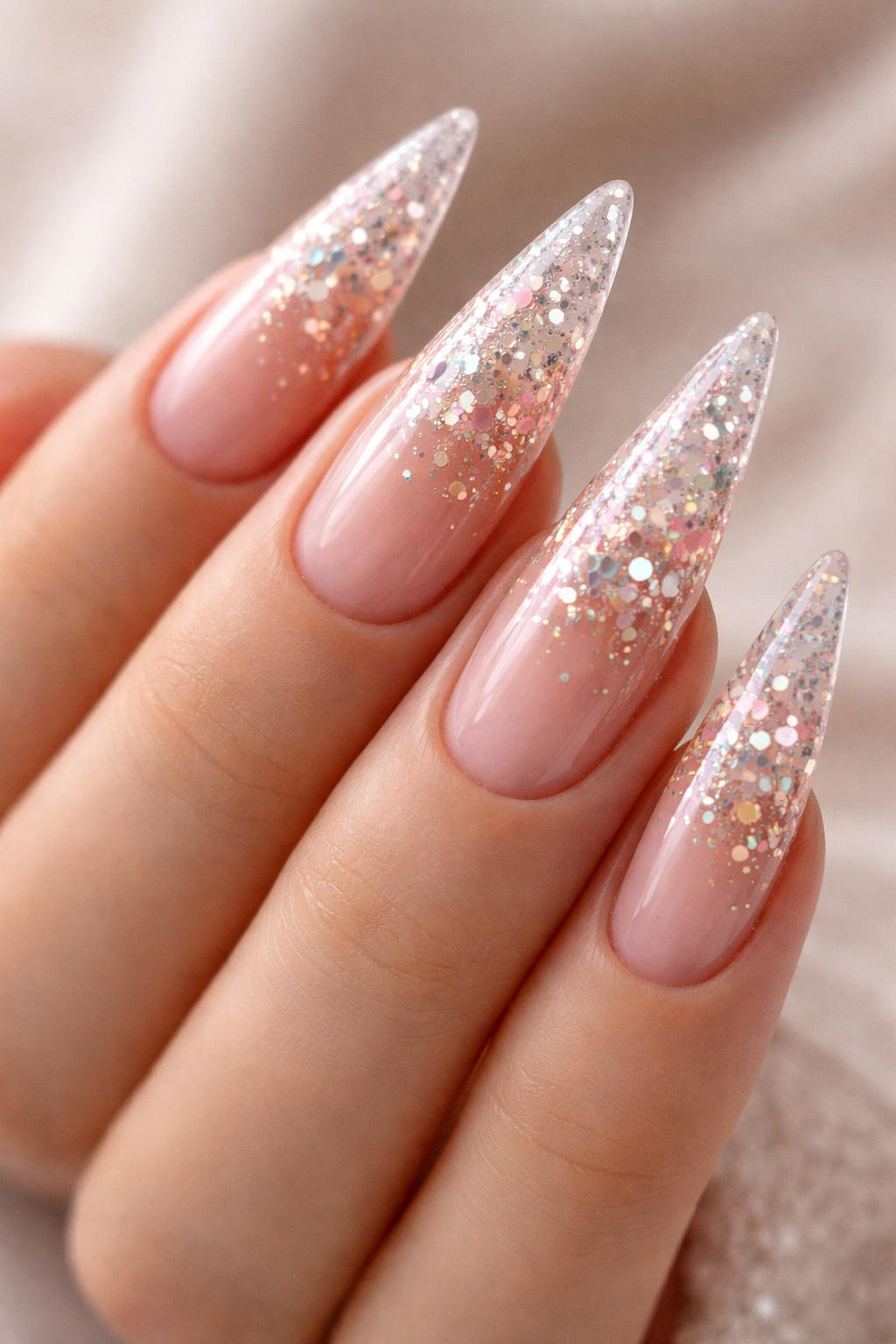 Nude stiletto nails with encapsulated 3D glitter