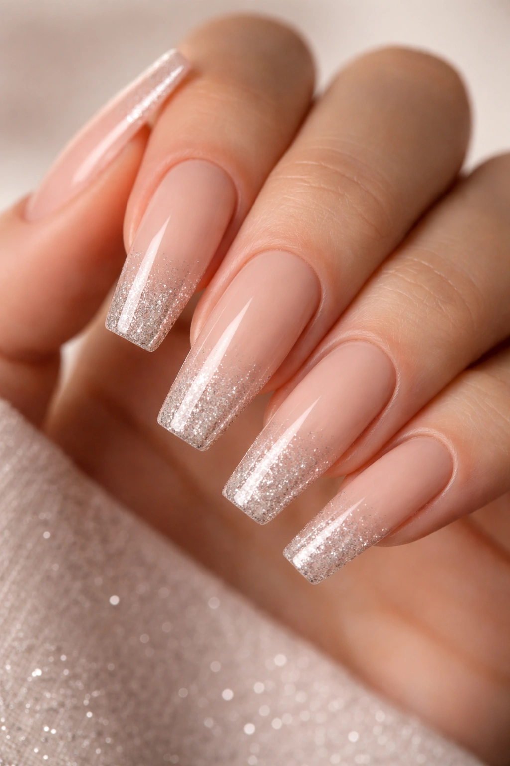 Nude coffin nails with subtle silver glitter gradient at tips