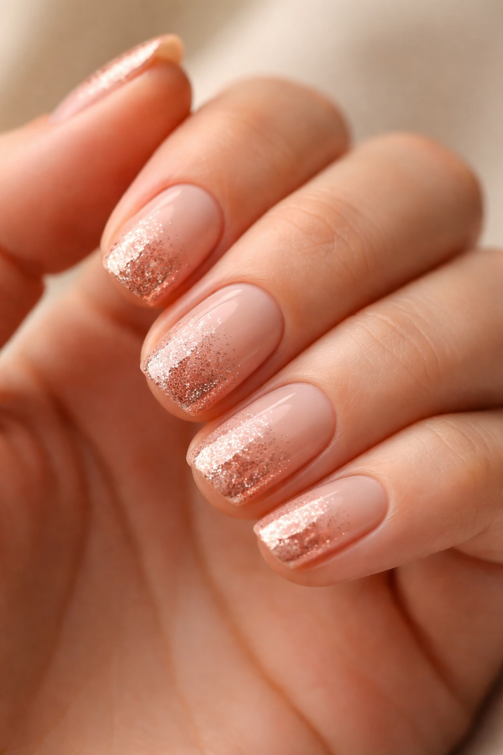 Close-up of nude squoval nails with rose gold glitter gradient at the tips.