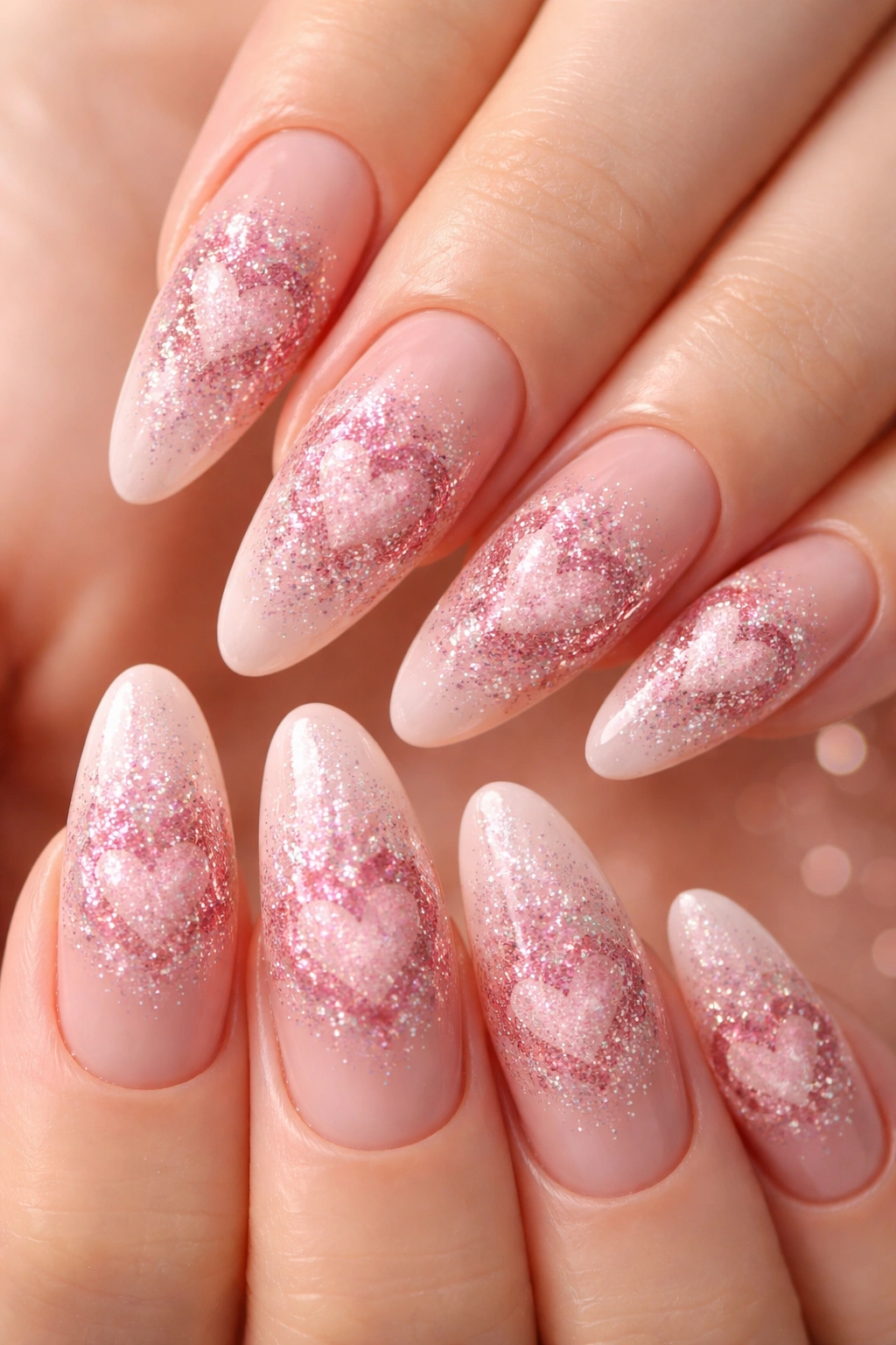 Close-up of nude nails with glitter gradient heart shapes