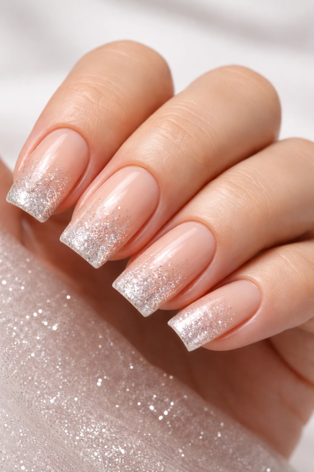 Close-up of nude base nails with glitter ombre fade on soft square tips