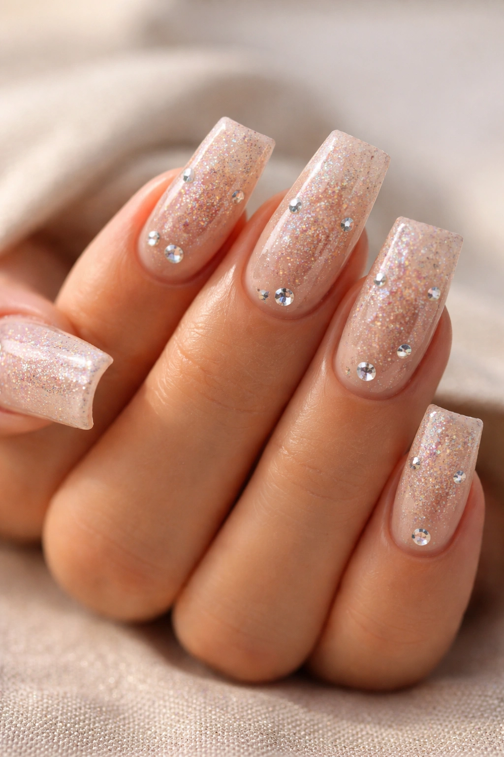 Close-up of nude duck nails with rainbow glitter and scattered rhinestones on a neutral background