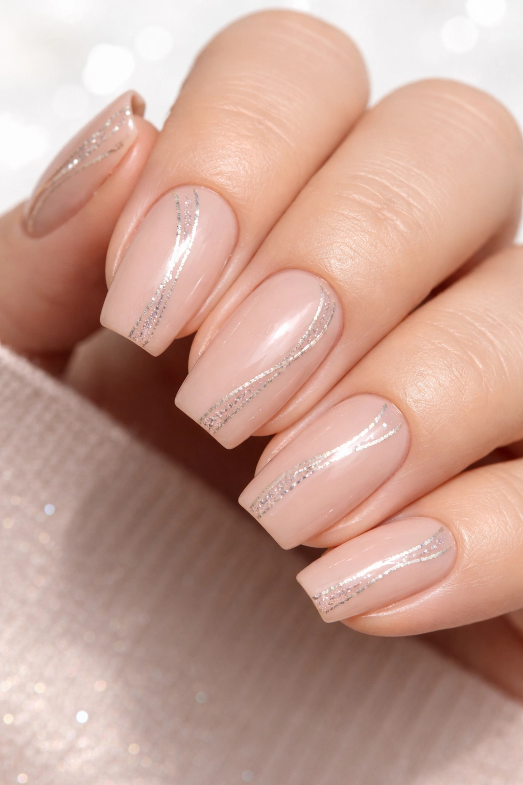 Close-up of short coffin nails with nude base and glitter ribbon details