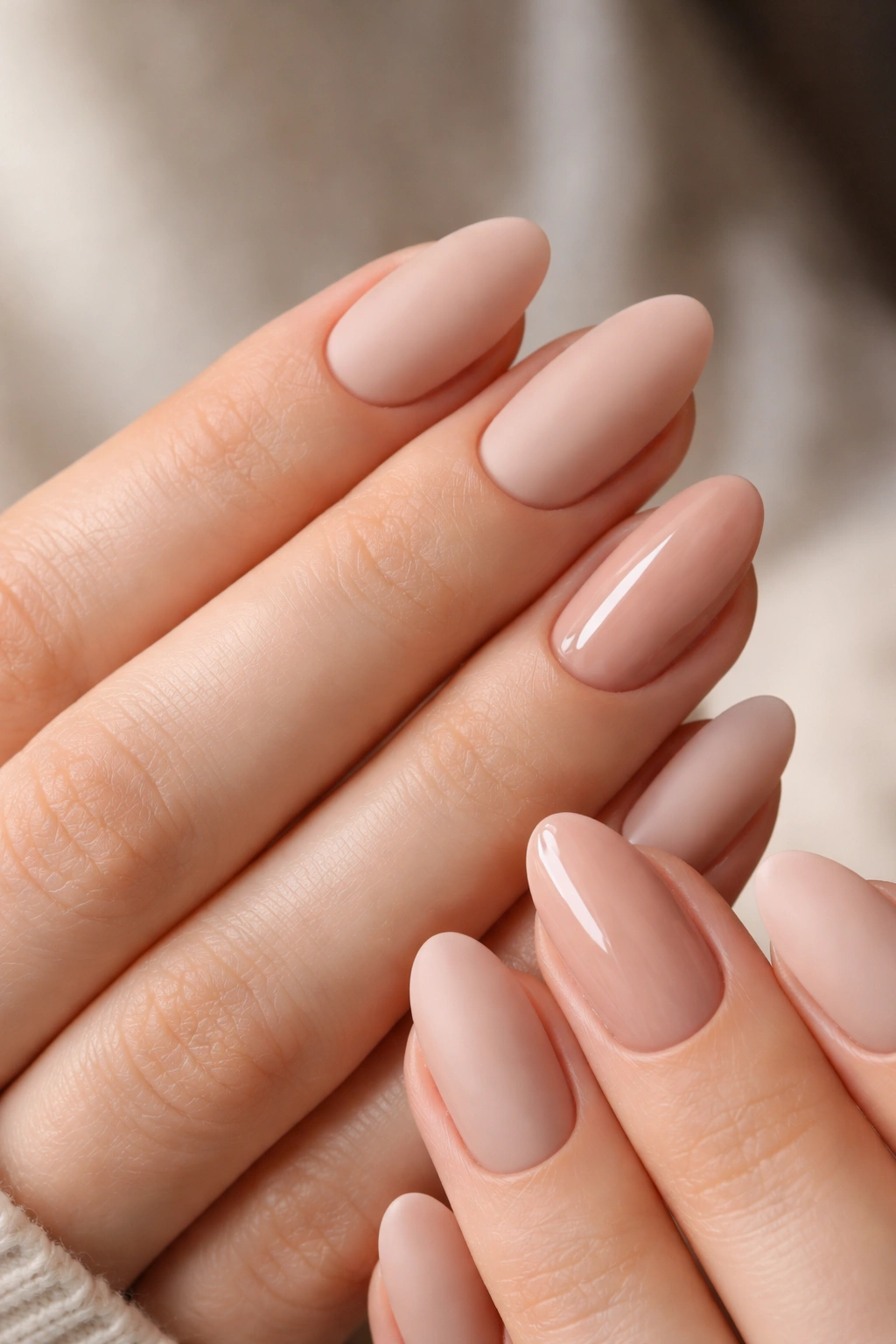Close-up of nude matte nails with a single glossy accent on each hand