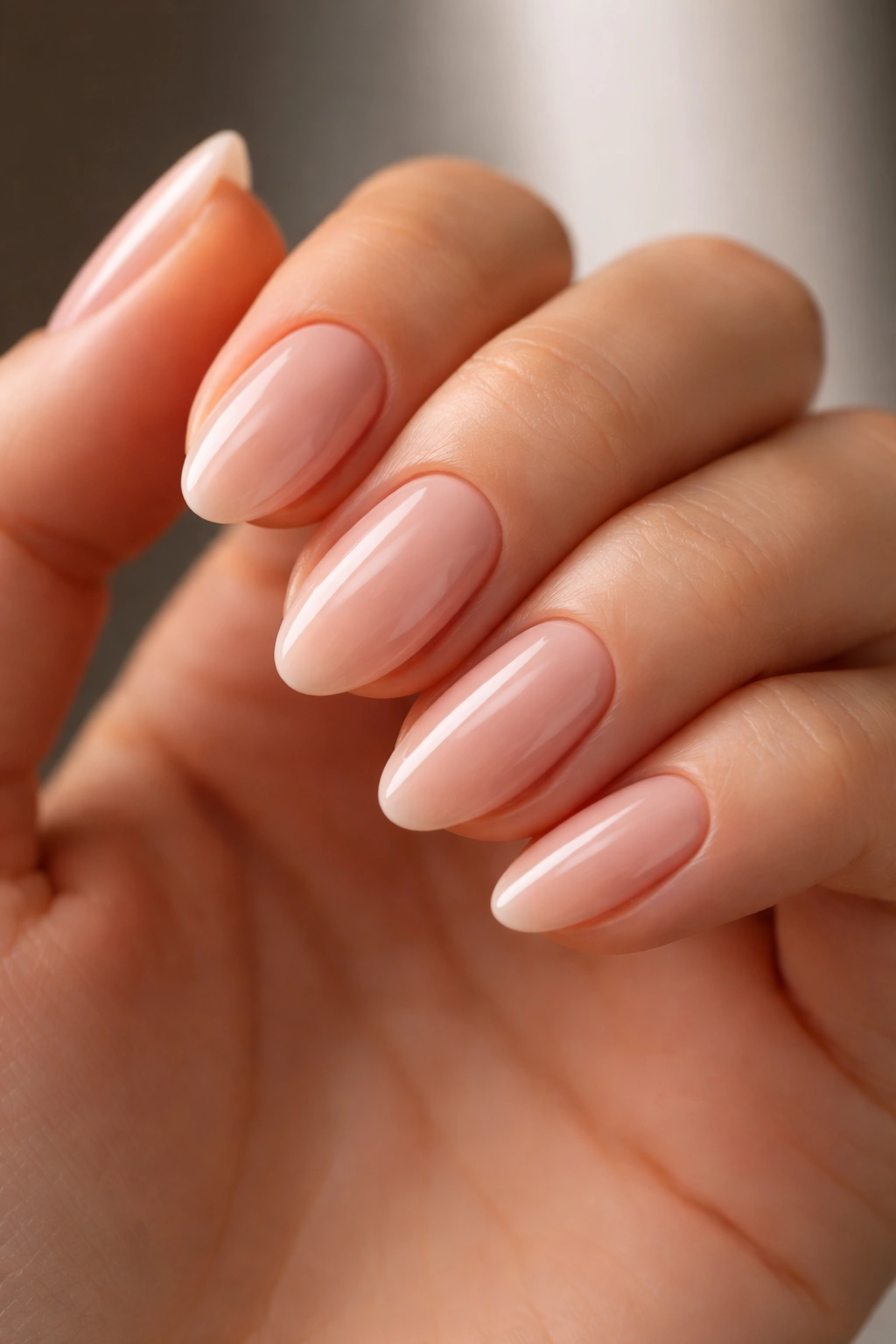 Close-up of nude nails with pristine cuticles and glossy finish