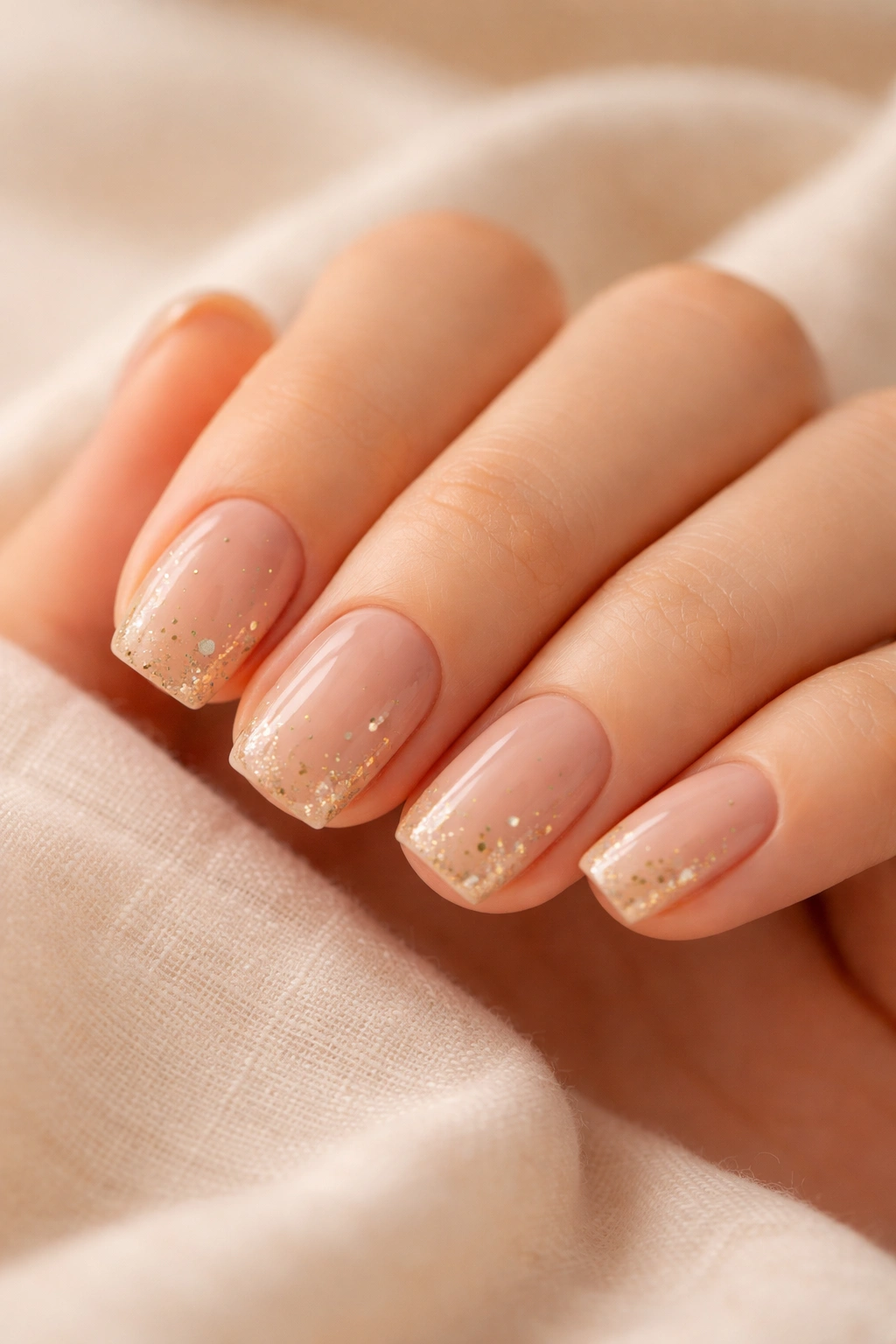 Hand displaying nude nails with gold accents in a calm setting