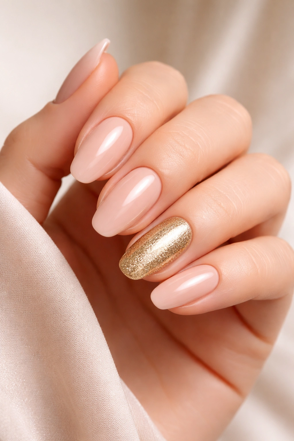 Close-up of hand with nude nails and a single gold accent nail.