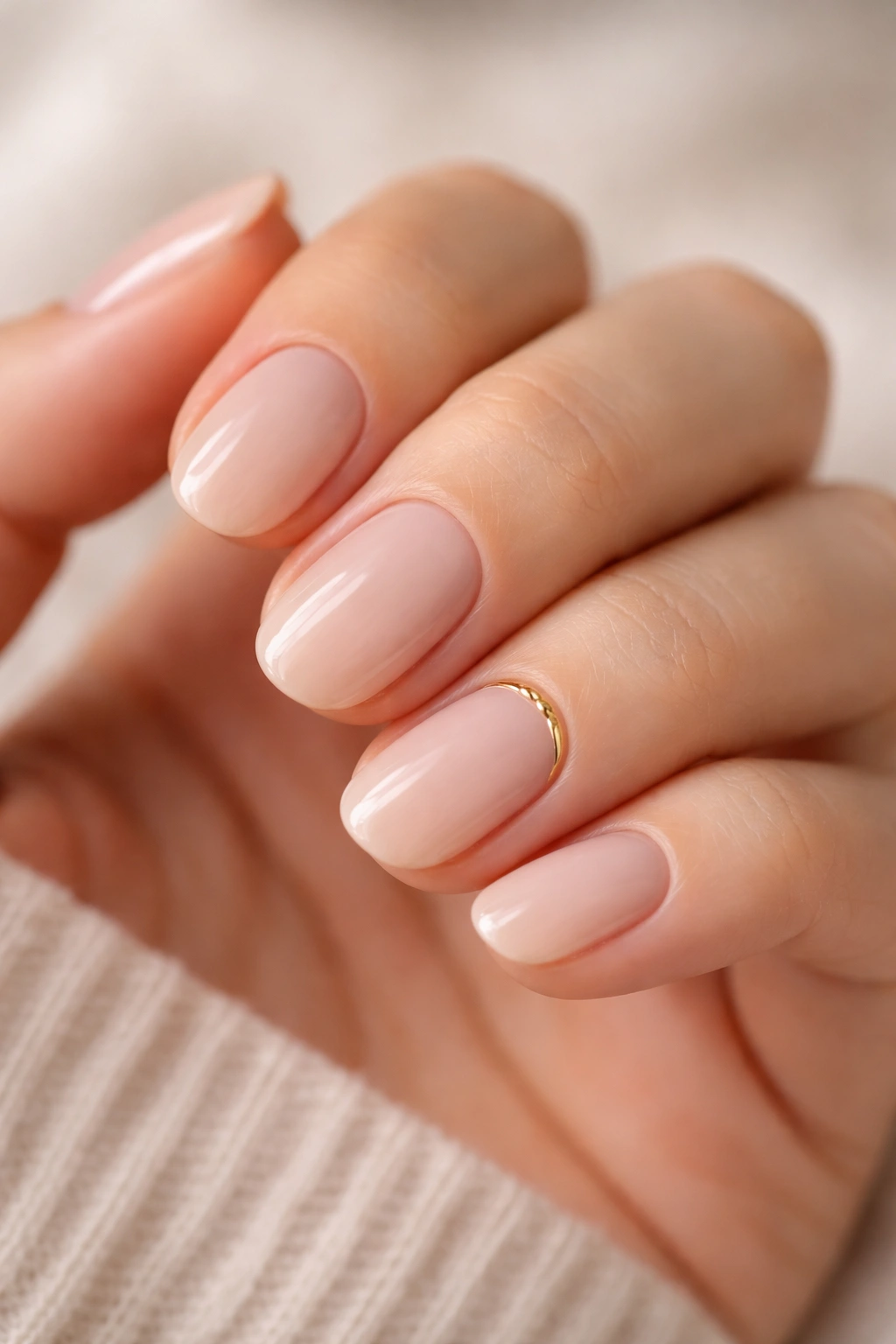 Close-up of nude short oval builder gel nails with a single gold accent