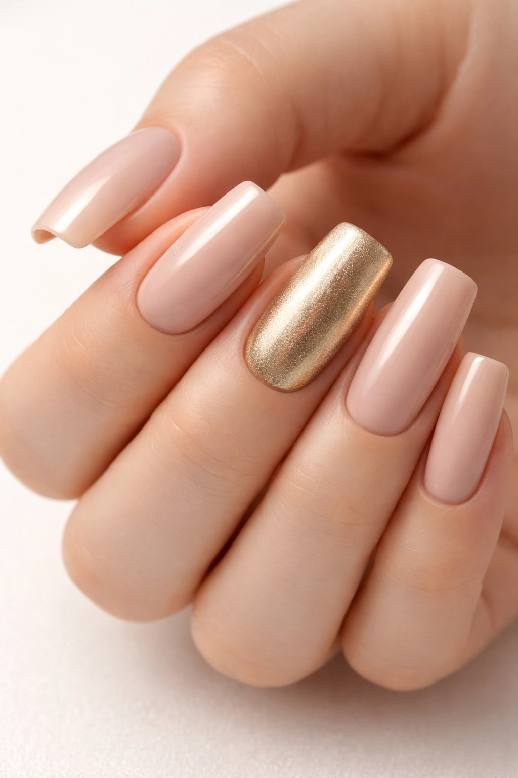 Close-up of nude long squoval nails with a single gold accent nail