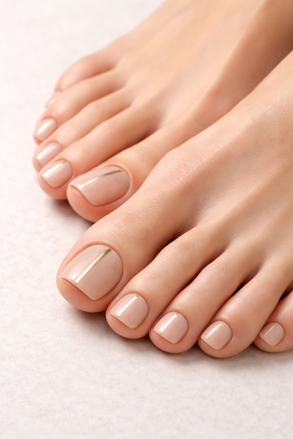 Nude-toned toenails with subtle gold stripes.