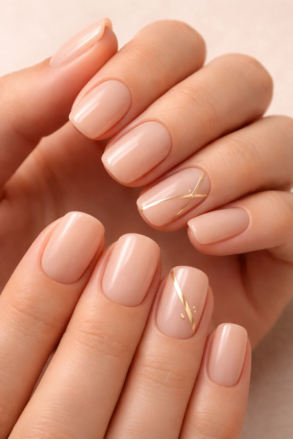 Nude nails with delicate gold lines on accent nails