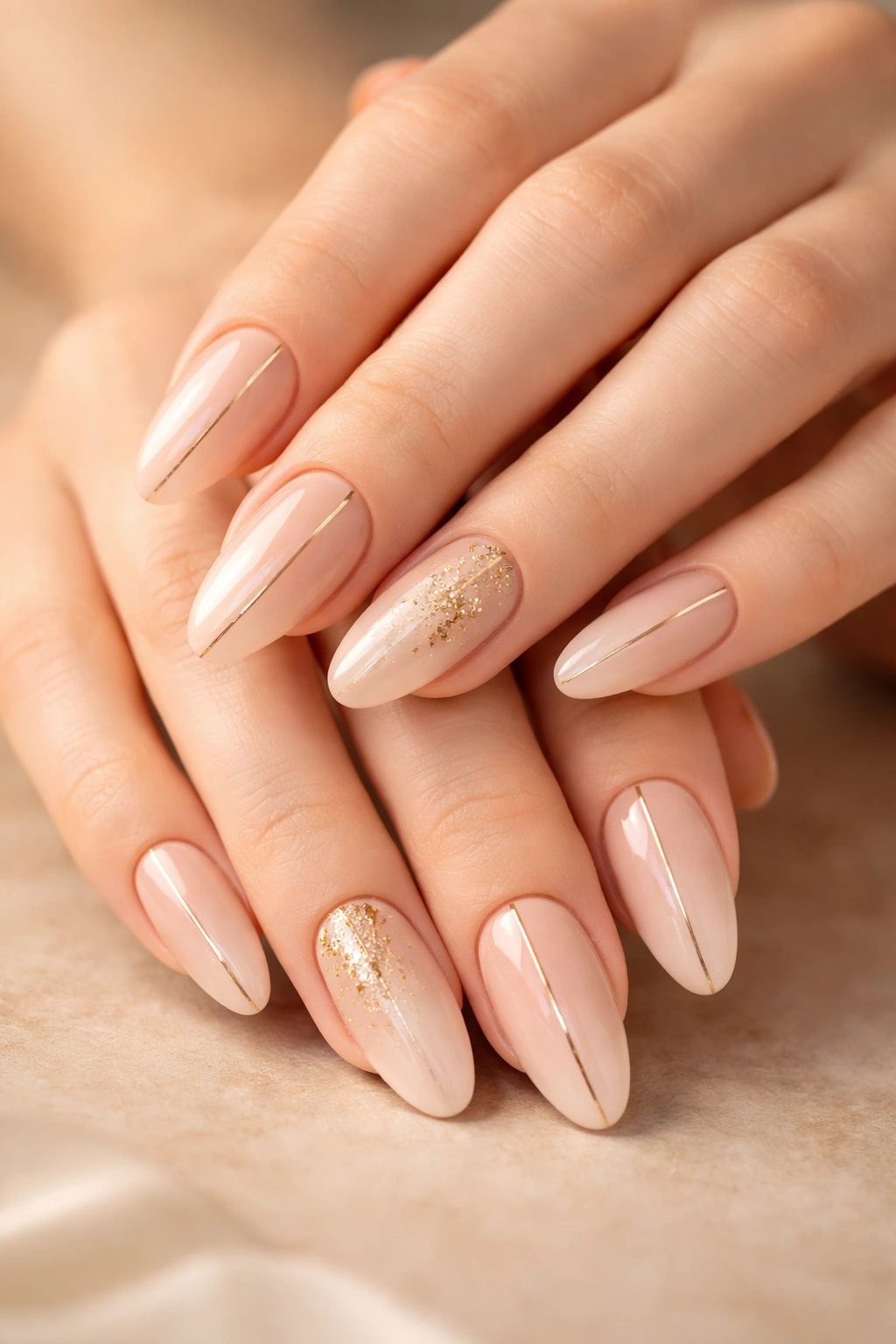 Nude nails with gold accents on long oval shape, close-up on hands