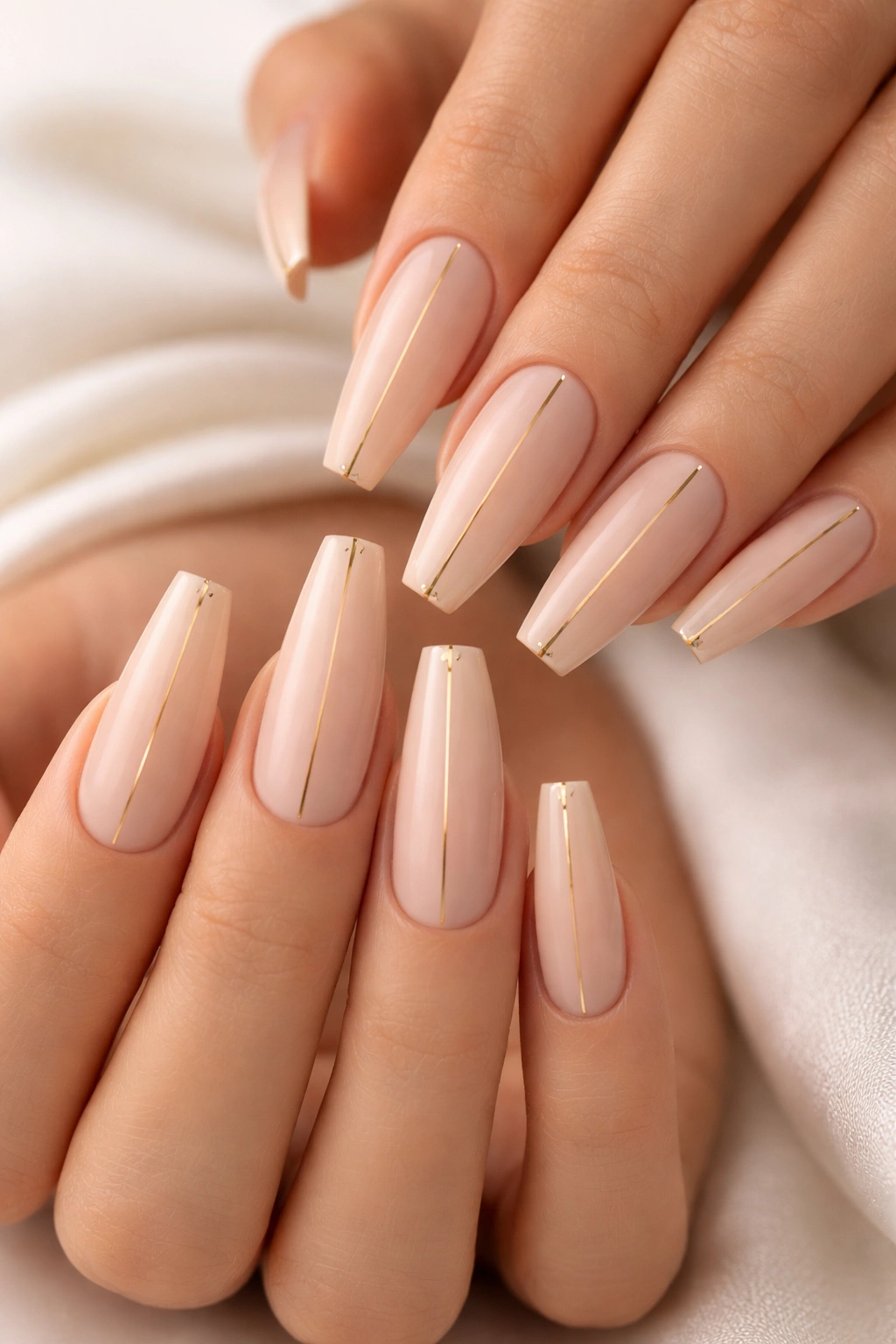 Coffin nails nude base with vertical gold accents