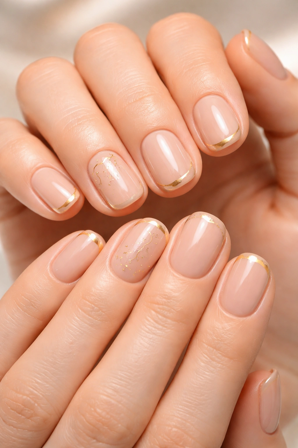 Close-up of nude nails with gold accents on short nails.