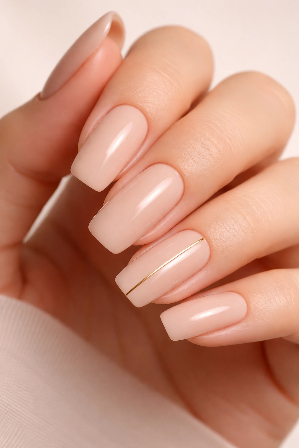 Close-up of long rounded-square nails in nude shade with a thin vertical gold line on accent nails