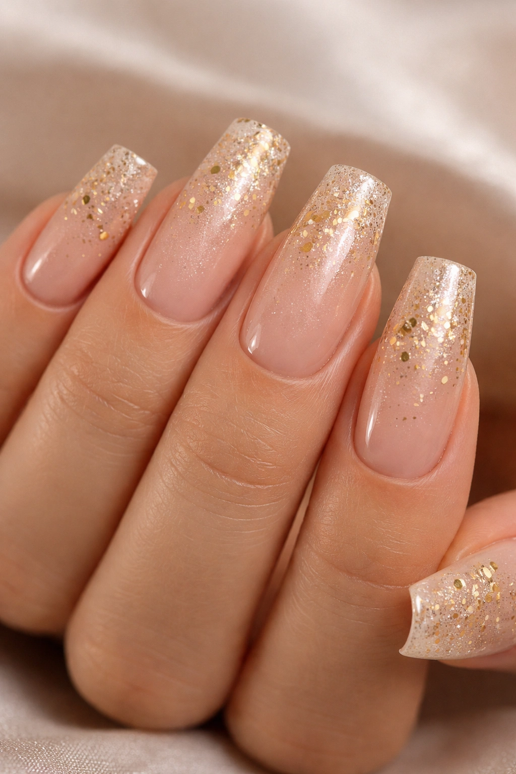 Close-up of nude coffin nails with gold confetti and champagne shimmer