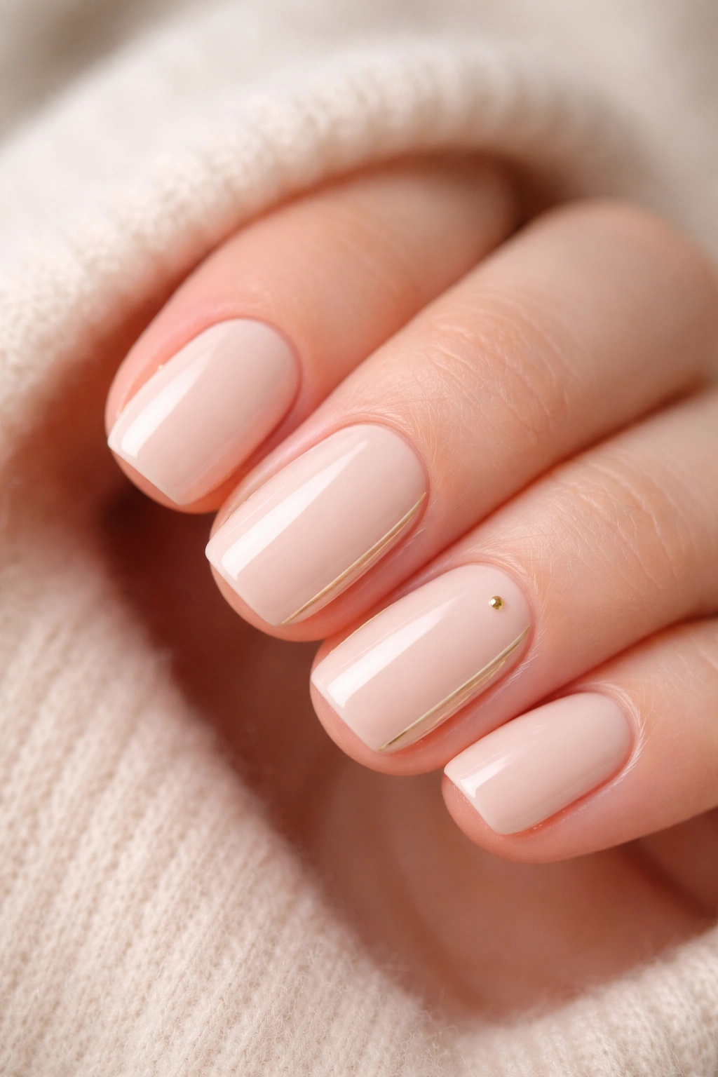 Close-up of short squoval nails with warm nude cream and minimal gold detail